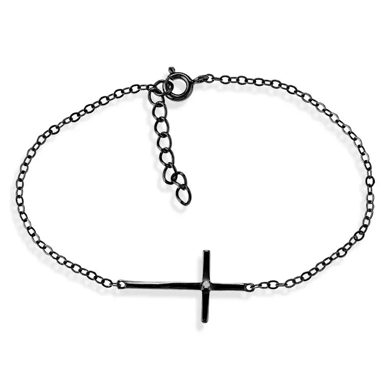 Sterling Silver Single CZ Sideways Cross Bracelet - Black Rhodium
