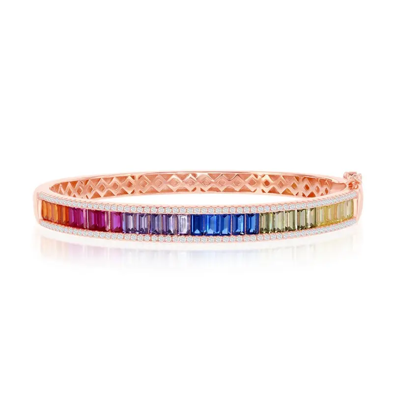 Sterling Silver Rainbow Baguette CZ Bangle - Rose Gold Plated