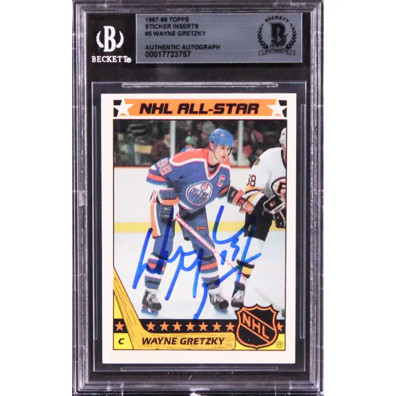 Oilers Wayne Gretzky Signed 1986 Topps Sticker Inserts #5 Card BAS Slabbed