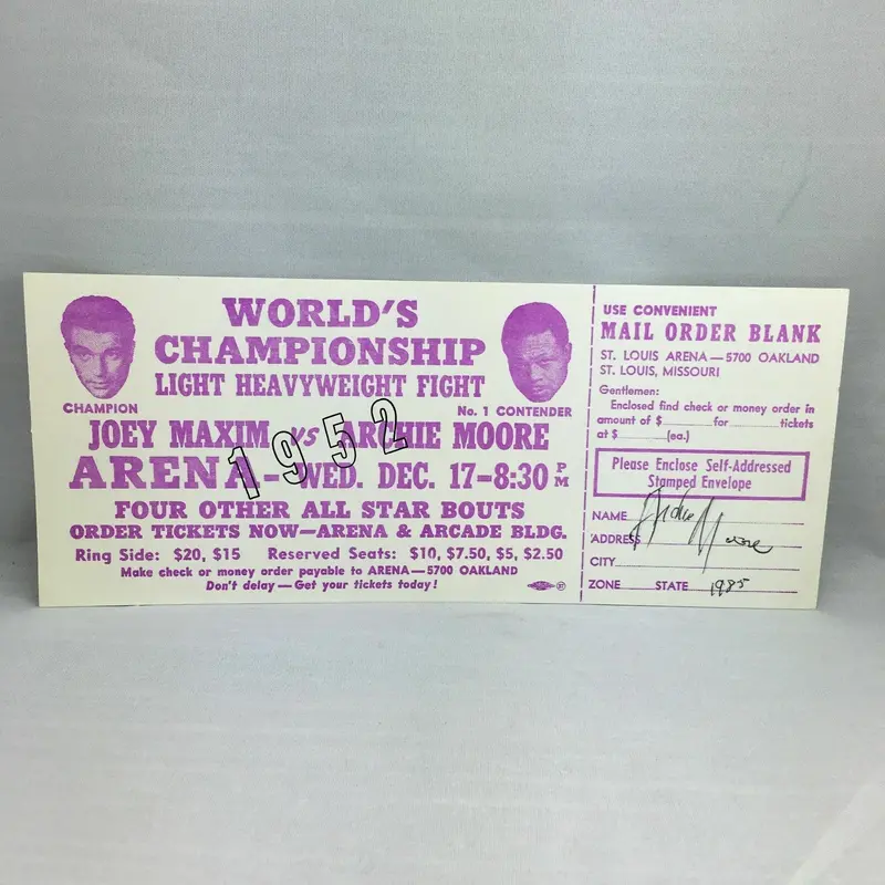 Archie Moore Joey Maxim Signed Original 1952 Boxing Ticket JSA COA
