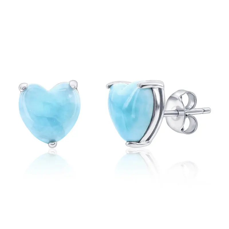 Sterling Silver, 3 Prong Heart Studs - Larimar