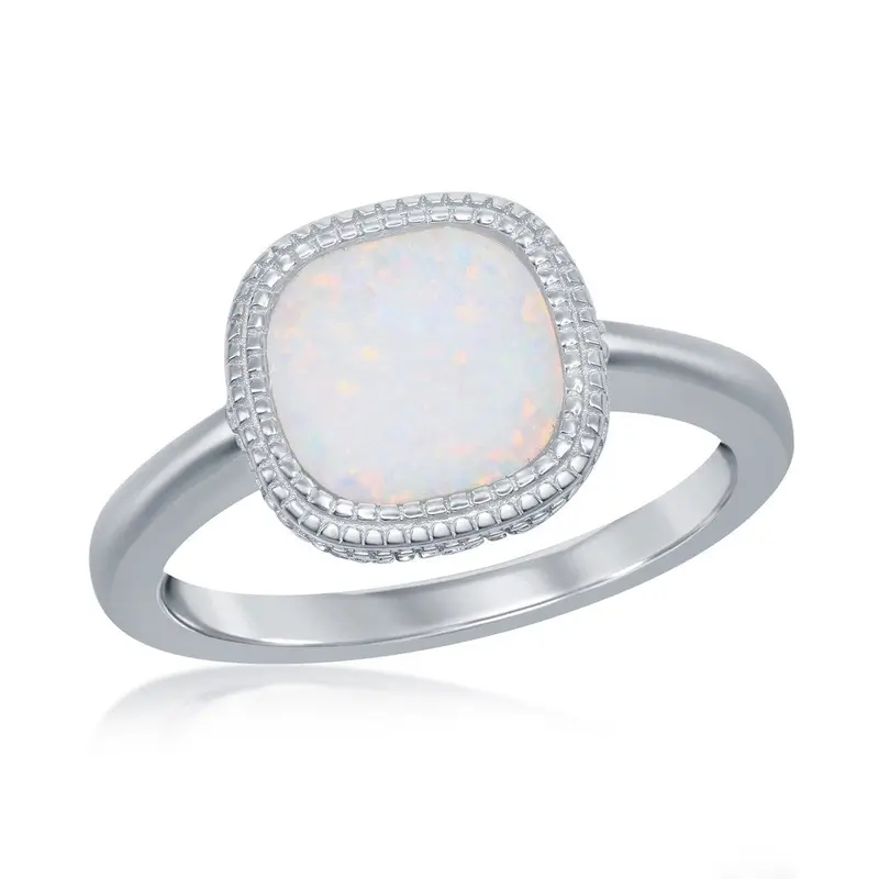 Sterling Silver Square White Inlay Opal Ring