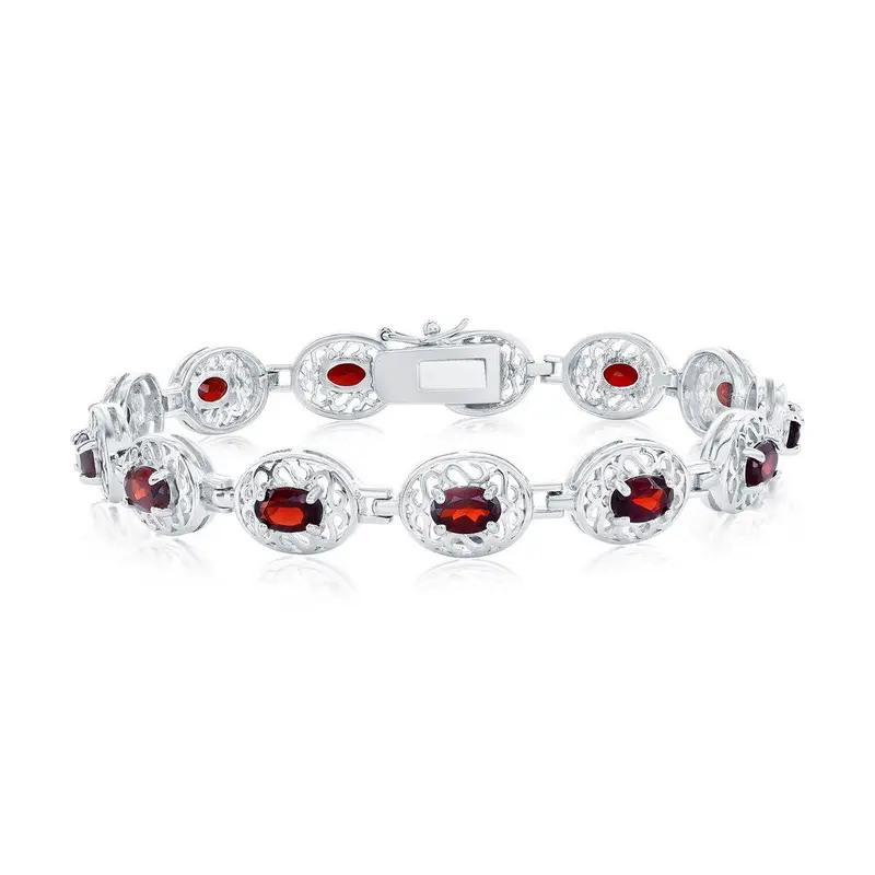 Sterling Silver Designed Oval Gem Bracelet - Garnet