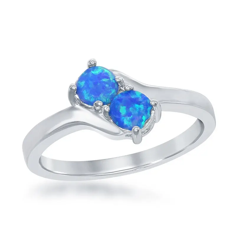 Sterling Silver "Us2gether" Oval Two-Stone Side by Side Round Blue Opal with CZ Ring