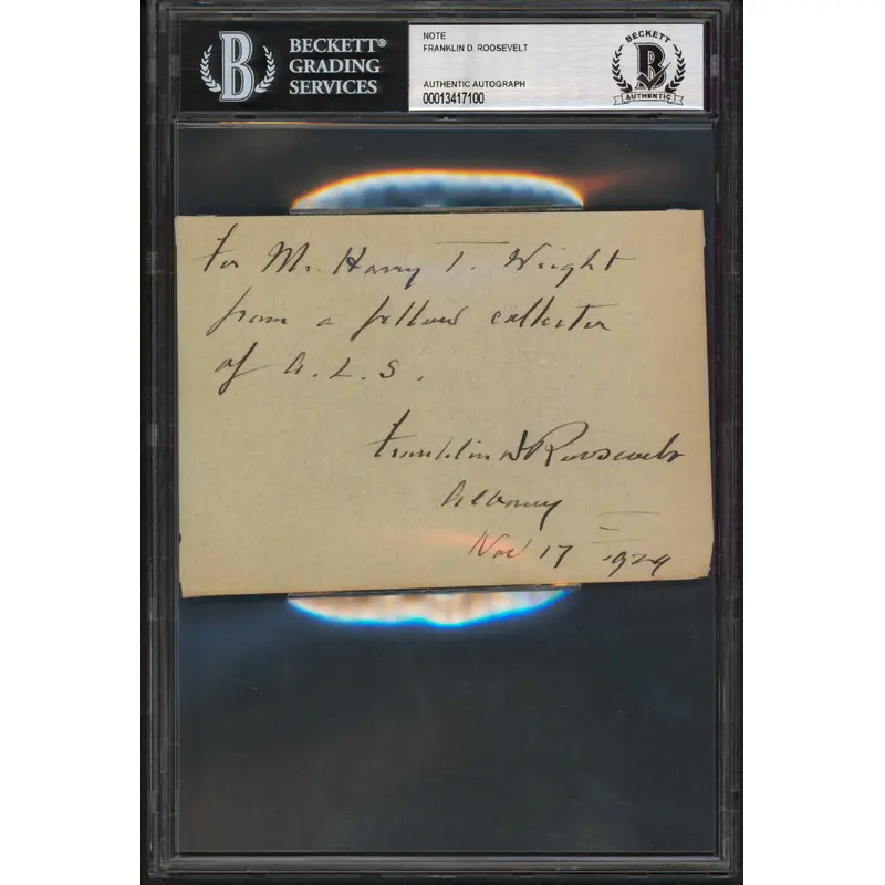 Franklin D. Roosevelt Signed 3.75x5.5 1929 Handwritten Note Auto 10! BAS Slabbed