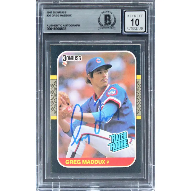 Cubs Greg Maddux Signed 1987 Donruss #36 Rated Rookie Card Auto 10! BAS Slabbed