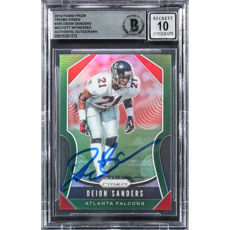 Deion Sanders Signed 2019 Panini Prizm Prizms Green #295 Card Auto 10! BAS Slab