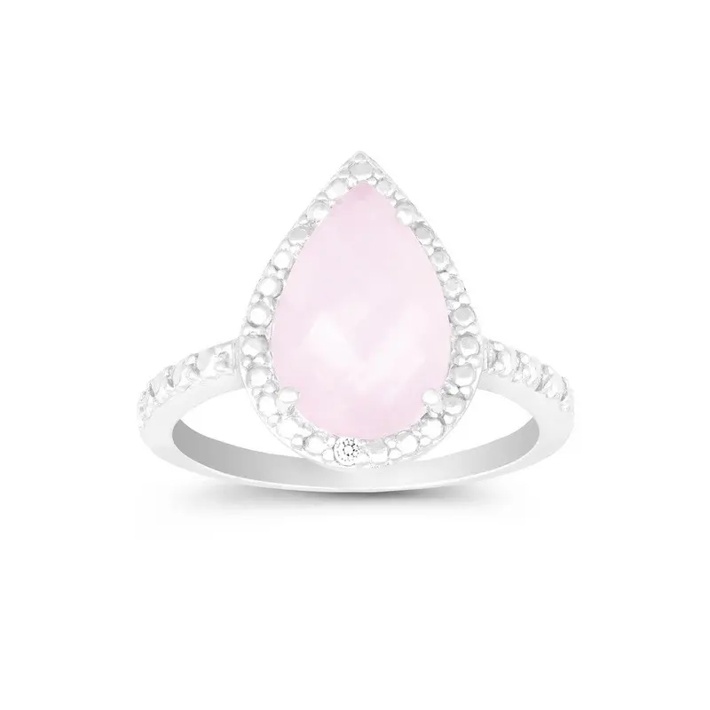 Sterling Silver Diamond with Gem Large Teardrop Ring - Rose Quartz
