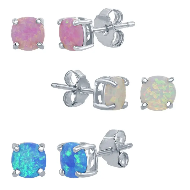 Sterling Silver 6mm White, Pink, and Blue Opal Set of 3 Round Stud Earrings