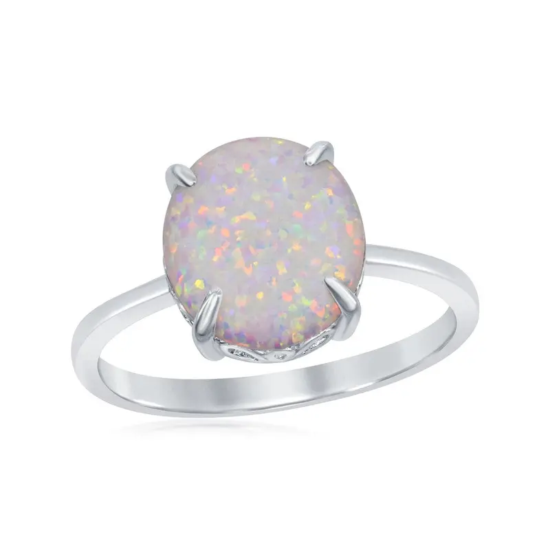 Sterling Silver Four-Prong White Inlay Opal Oval Ring