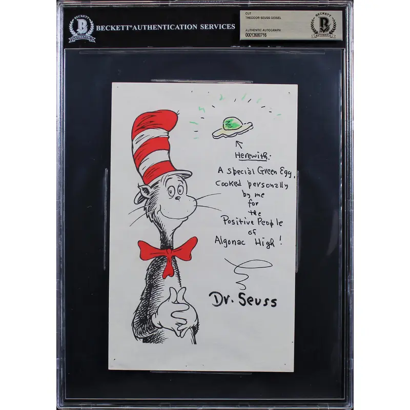 Dr. Seuss Authentic Signed 5.5x8.5 Green Eggs & Ham Sketch BAS Slabbed