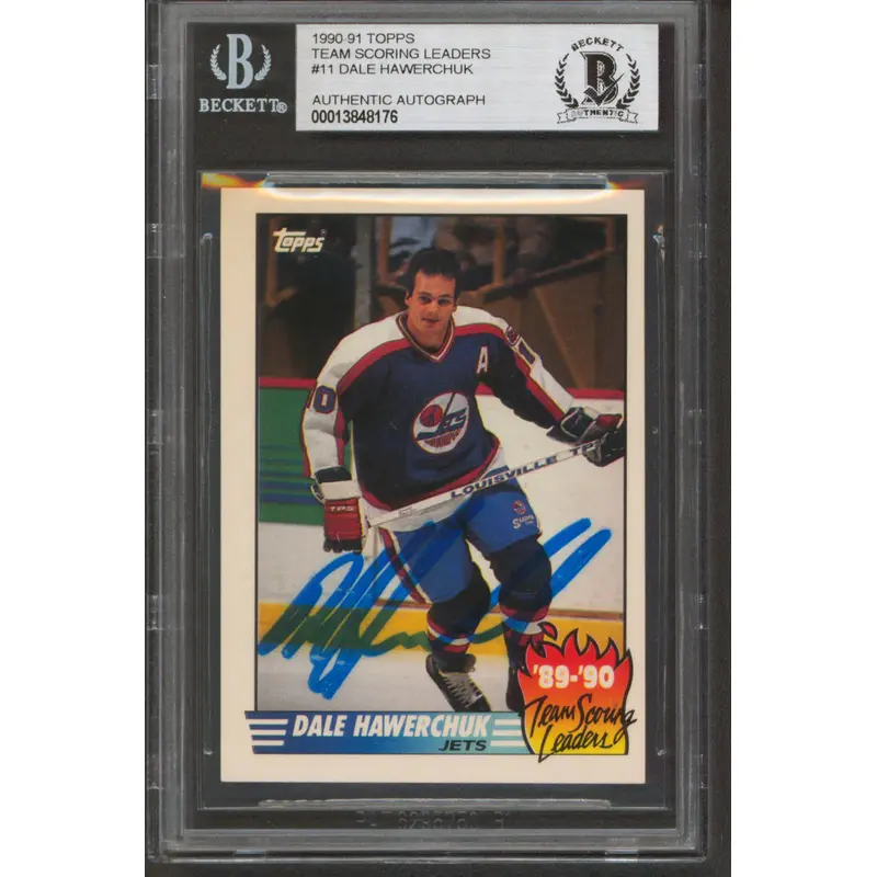 Jets Dale Hawerchuk Signed 1990 Topps Team Scoring Leaders #11 Card BAS Slabbed