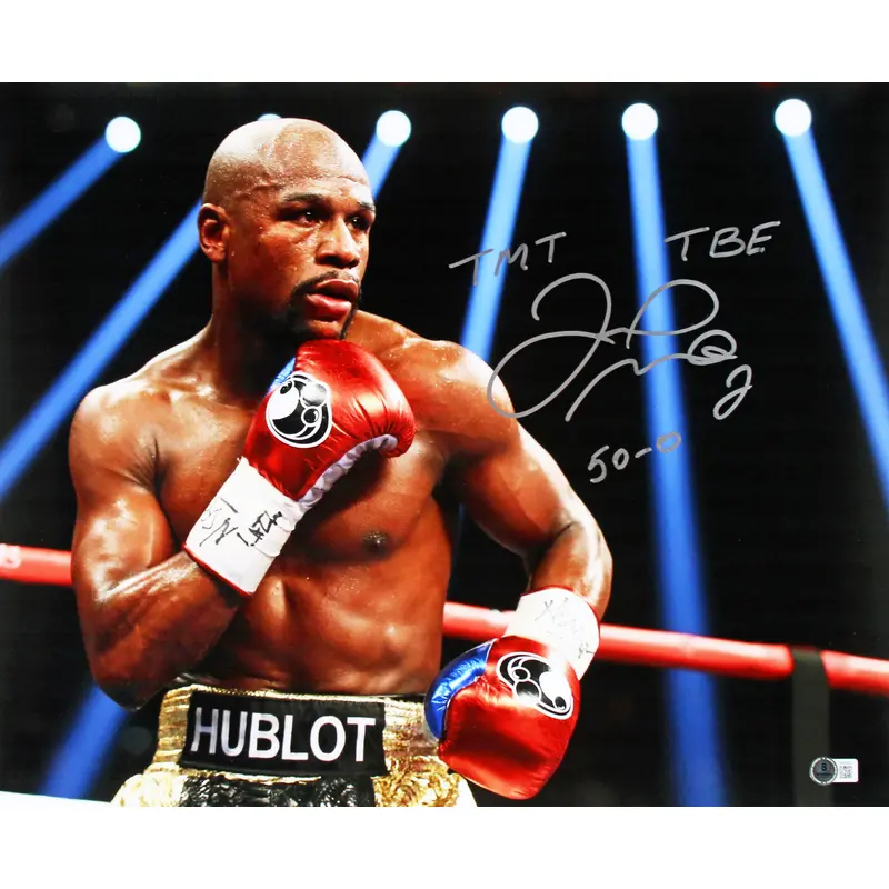 Floyd Mayweather "50-0 TBE TMT" Signed 16x20 Horizontal Photo w/ Red Gloves BAS