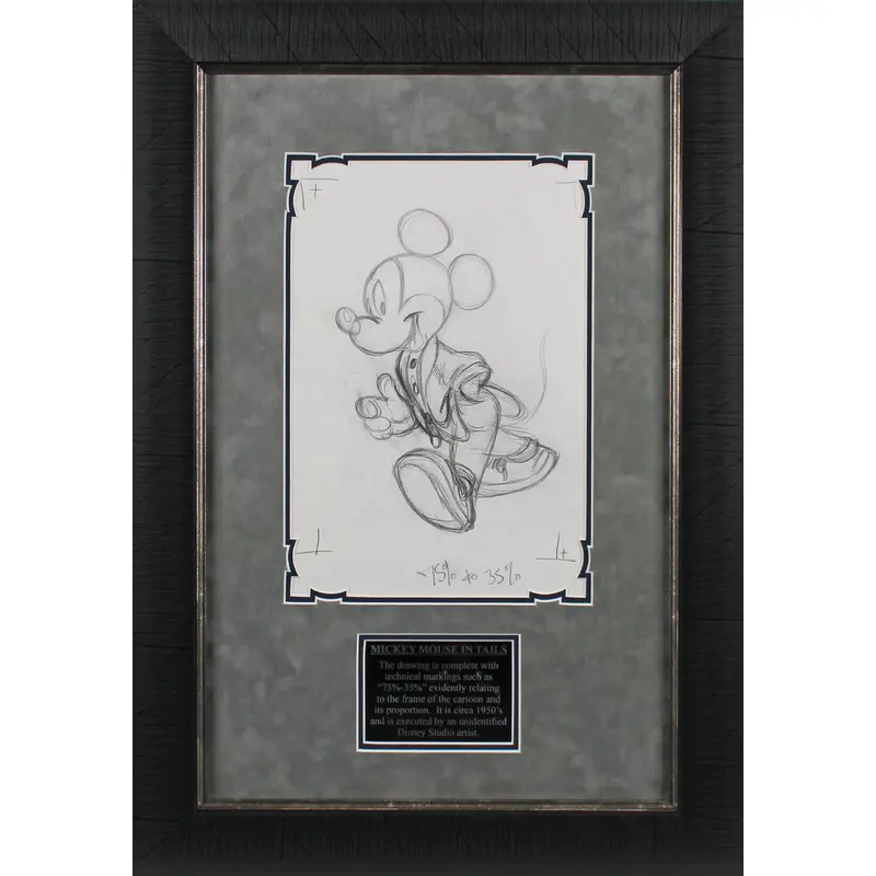 Framed Disney Mickey Mouse Cartoon 8.5x12 Hand Drawn Sketch Circa 1950s