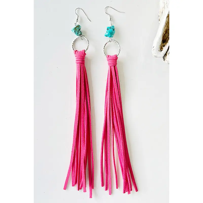 Rose Red Western Turquoise O-ring Tassel Earrings