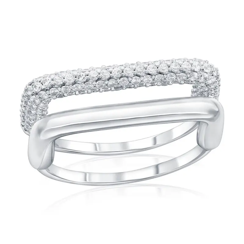 Sterling Silver, Double Band, Polished & Micro Pave CZ Square Style Ring