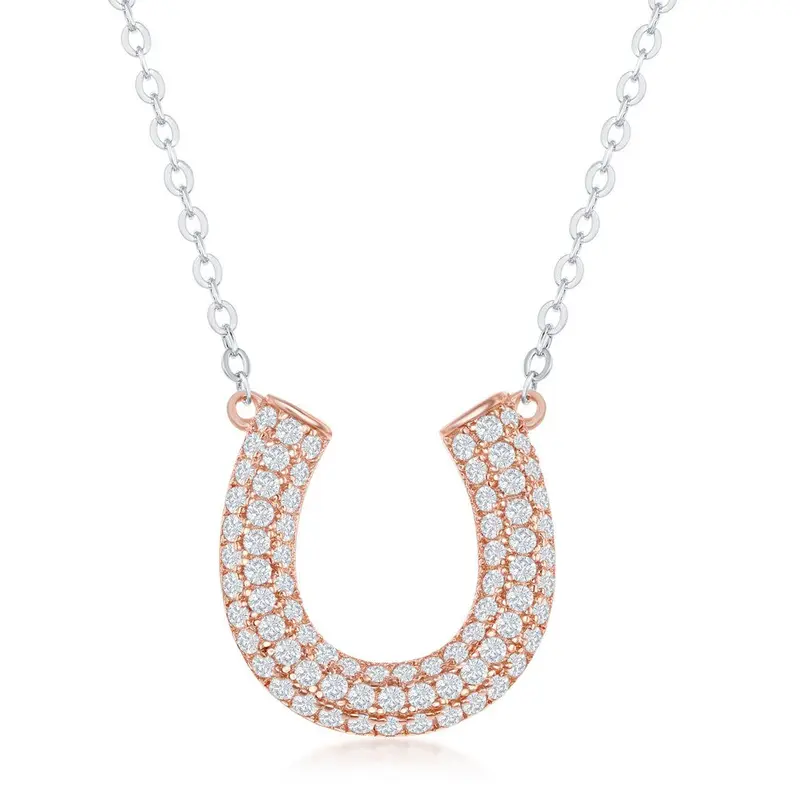 Sterling Silver Micro Pave Cubic Zirconia Horseshoe Necklace - Rose Gold Plared