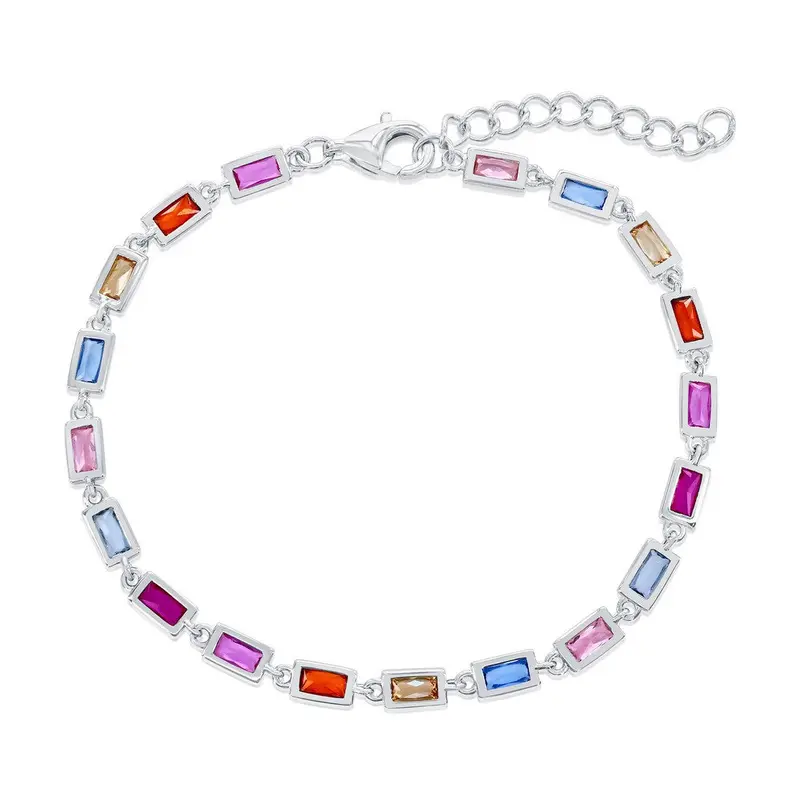 Sterling Silver, Bezel-Set Rectangle Bracelet - Multi-Color