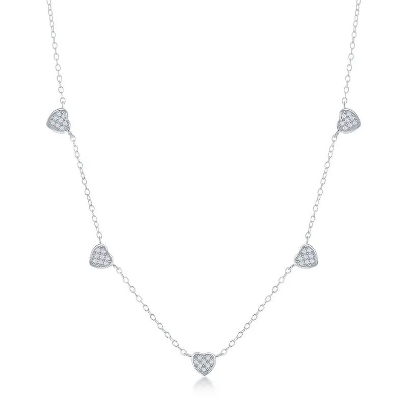 Sterling Silver Micro Pave CZ Dangling Multi-Heart Necklace