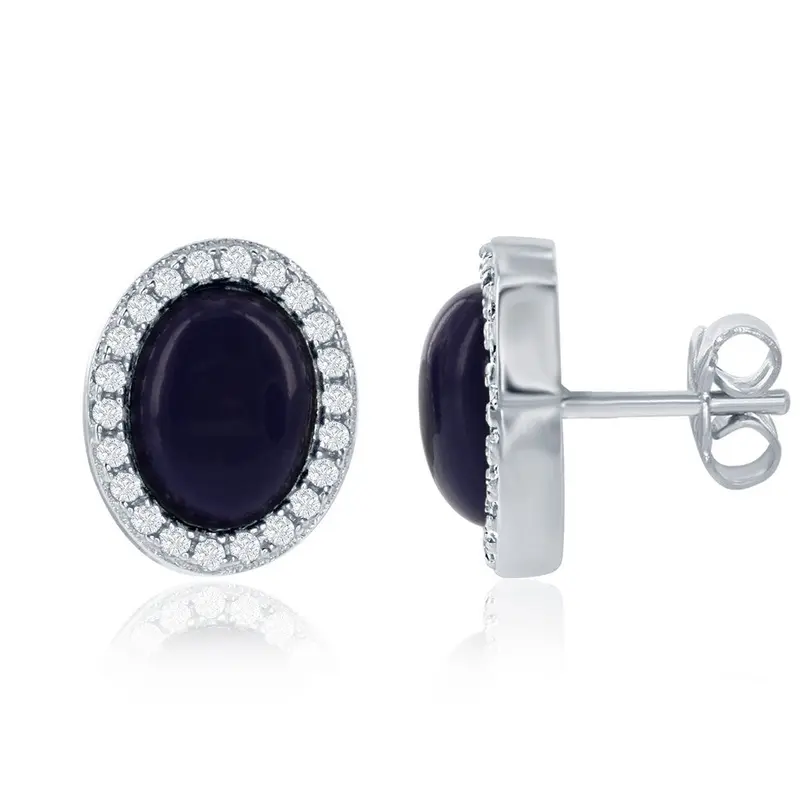 Sterling Silver Small Oval Navy Lapis with CZ Border Stud Earrings