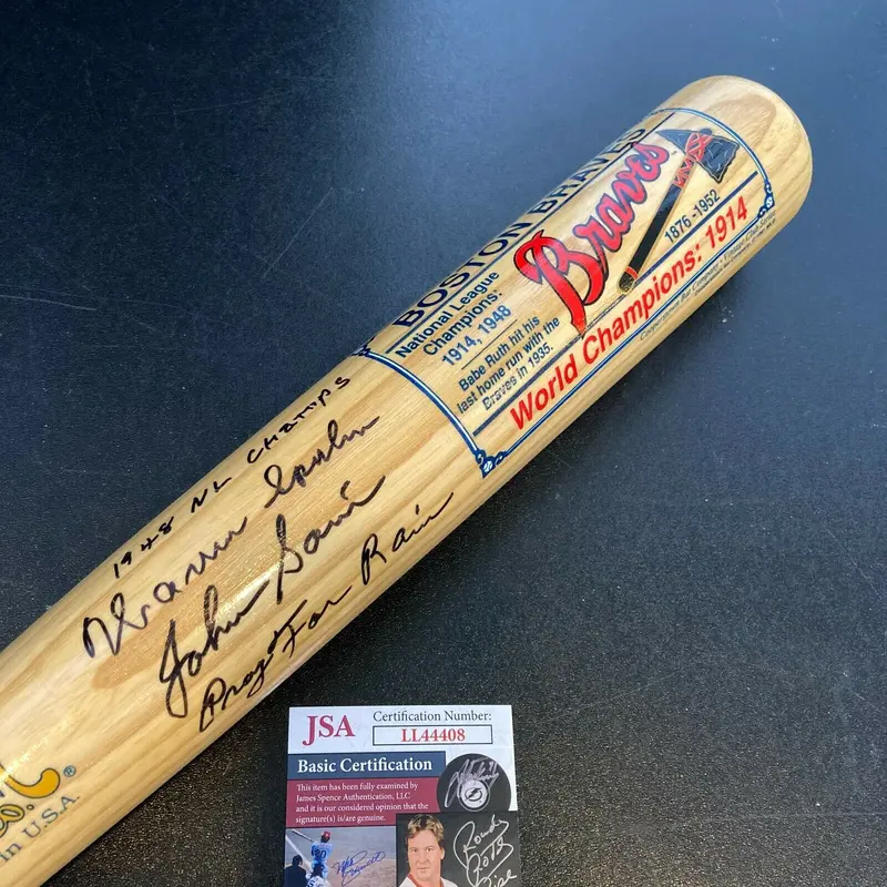 Warren Spahn 1948 NL Champs & Johnny Sain Pray For Rain Signed Braves Bat JSA