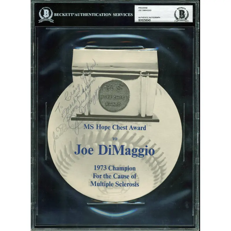 Yankees Joe DiMaggio Signed 7x8 1973 MS Hope Chest Award Program BAS Slabbed