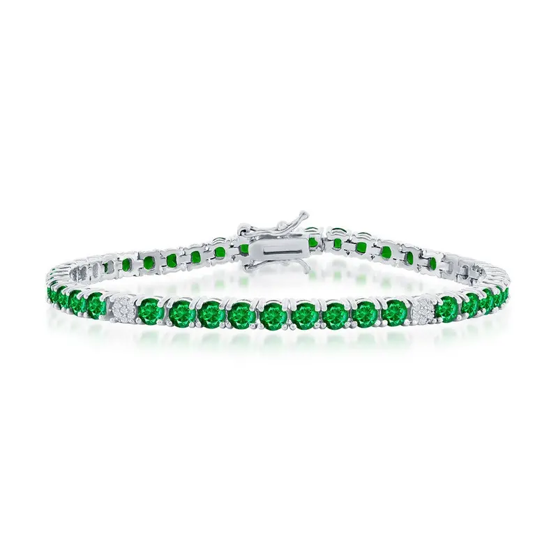 Sterling Silver, 3.5mm Round CZ Tennis Bracelet - Emerald Spinel
