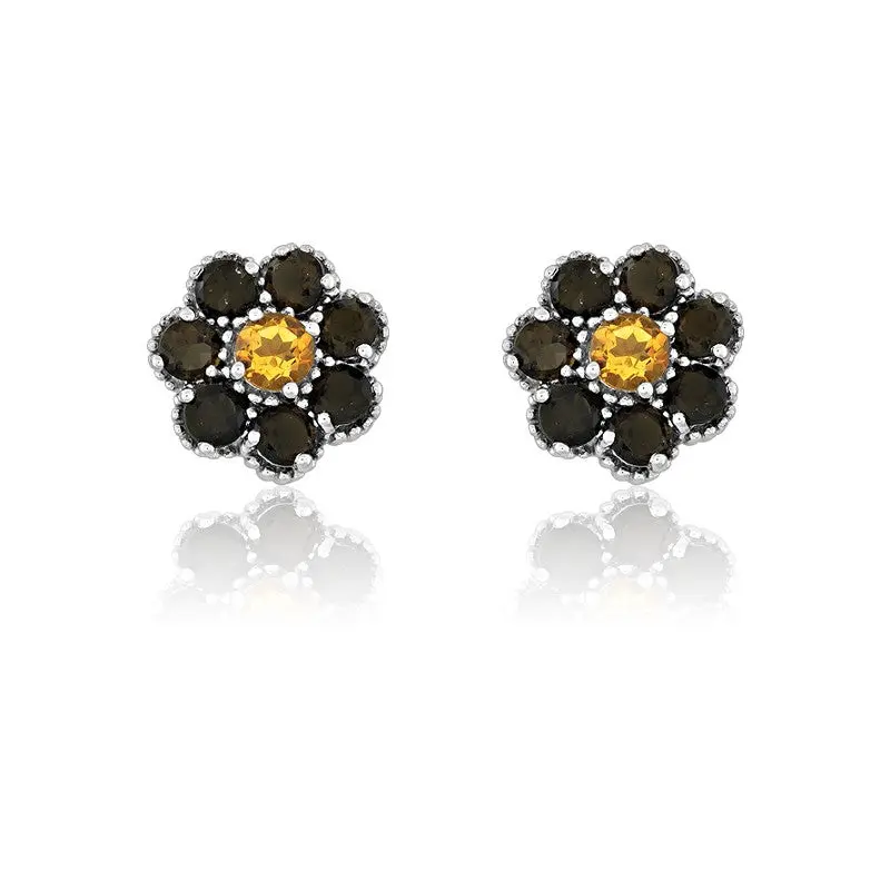 Sterling Silver Smokey Petals with Citrine Center Flower Earrings