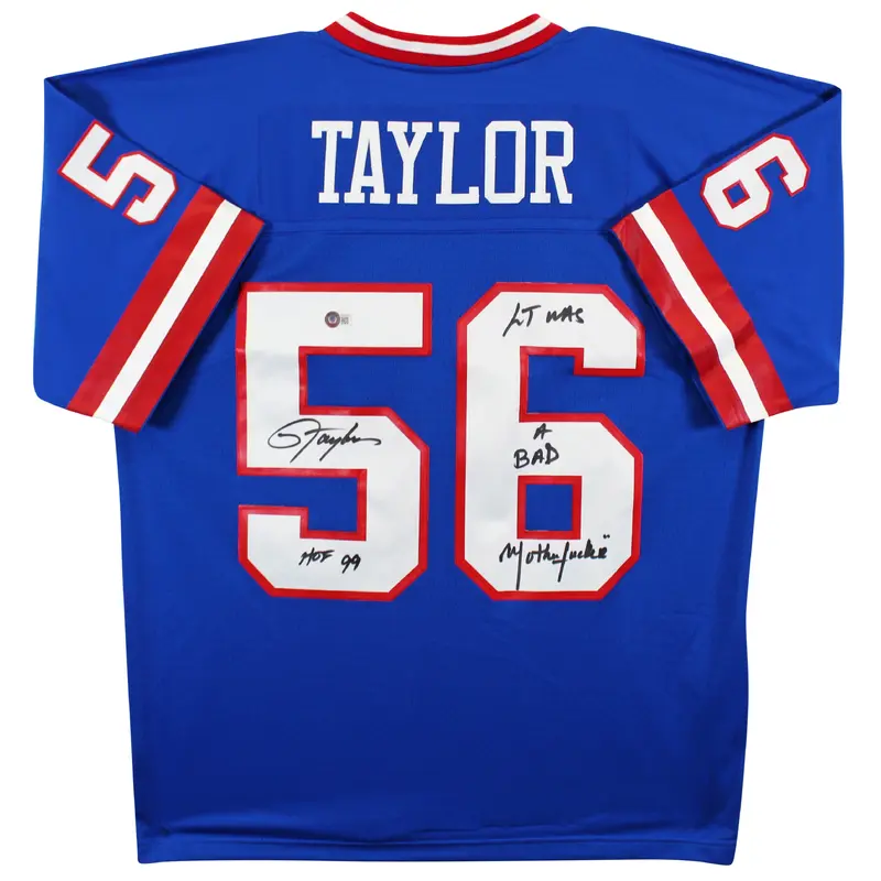 Giants Lawrence Taylor "2x Insc" Signed Blue Mitchell & Ness Jersey BAS Witness
