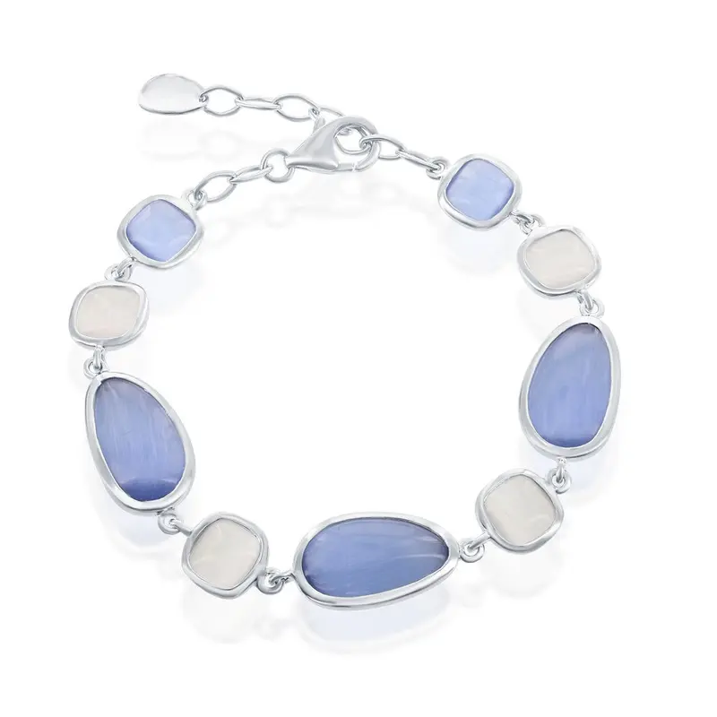 Sterling Silver Irregular Blue Gray and Square Gray Cat's Eye Bracelet