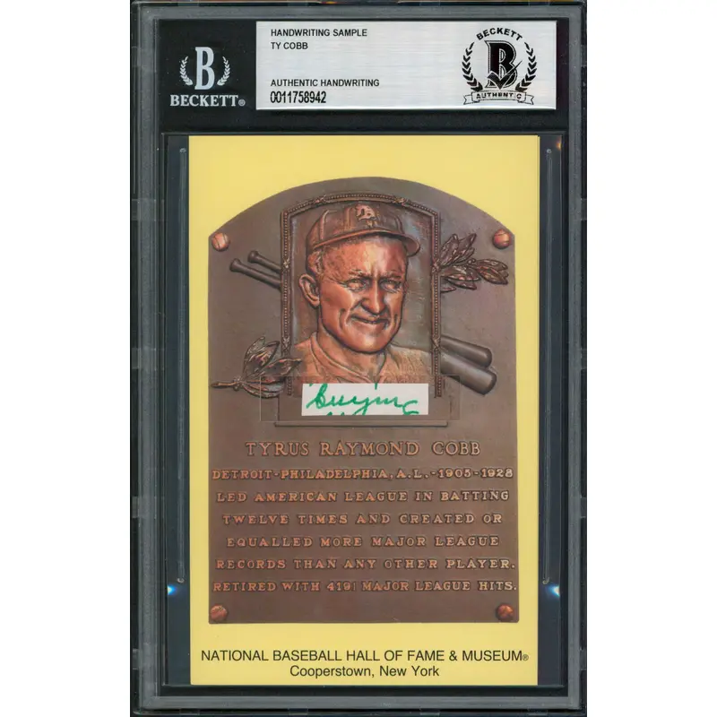 Tigers Ty Cobb Writing Sample 3.5x5.5 HOF Plaque Postcard BAS Slabbed 10