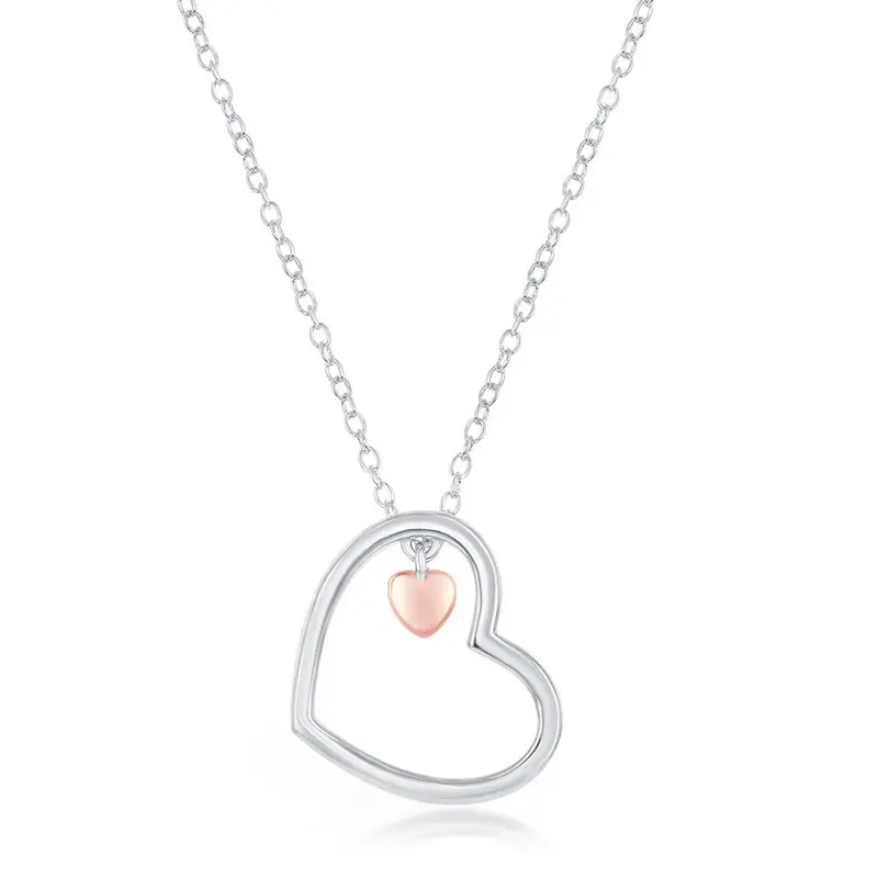 Sterling Silver Open Heart with Small Rose Gold Heart Charm Necklace