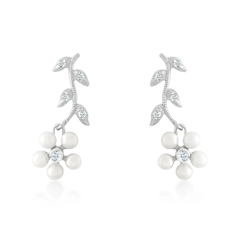 Sterling Silver Pearl Flowers & Clear CZ Leaves Earrings