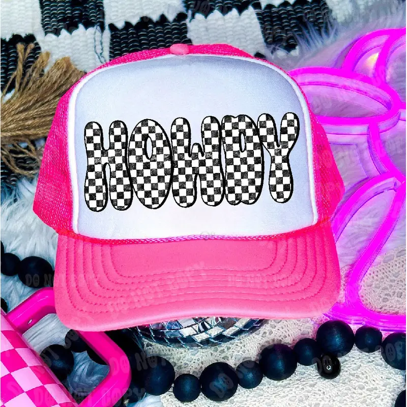 Checkered Howdy DTF Printed Neon Pink & White Trucker Hat