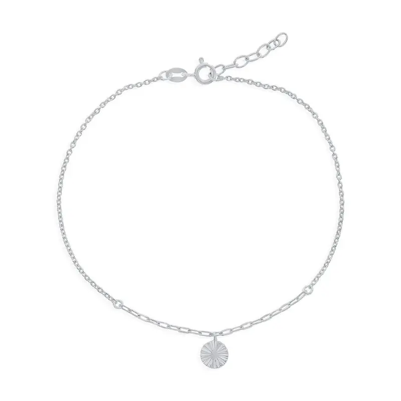 Sterling Silver Round Lined Charm Anklet