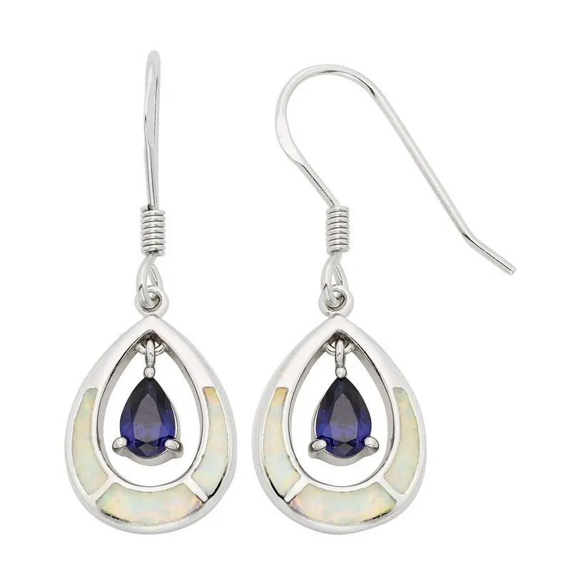 Sterling Silver White Inlay Opal Open Oval w/Blue Teardrop CZ Earrings