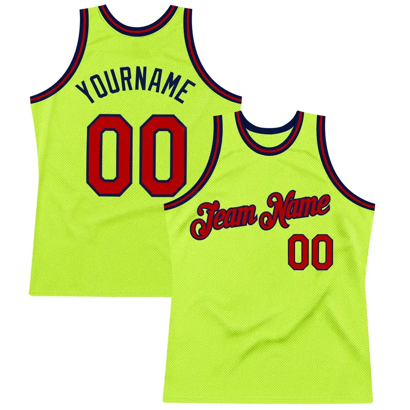 Custom Neon Green Red-Navy Authentic Throwback Basketball Jersey