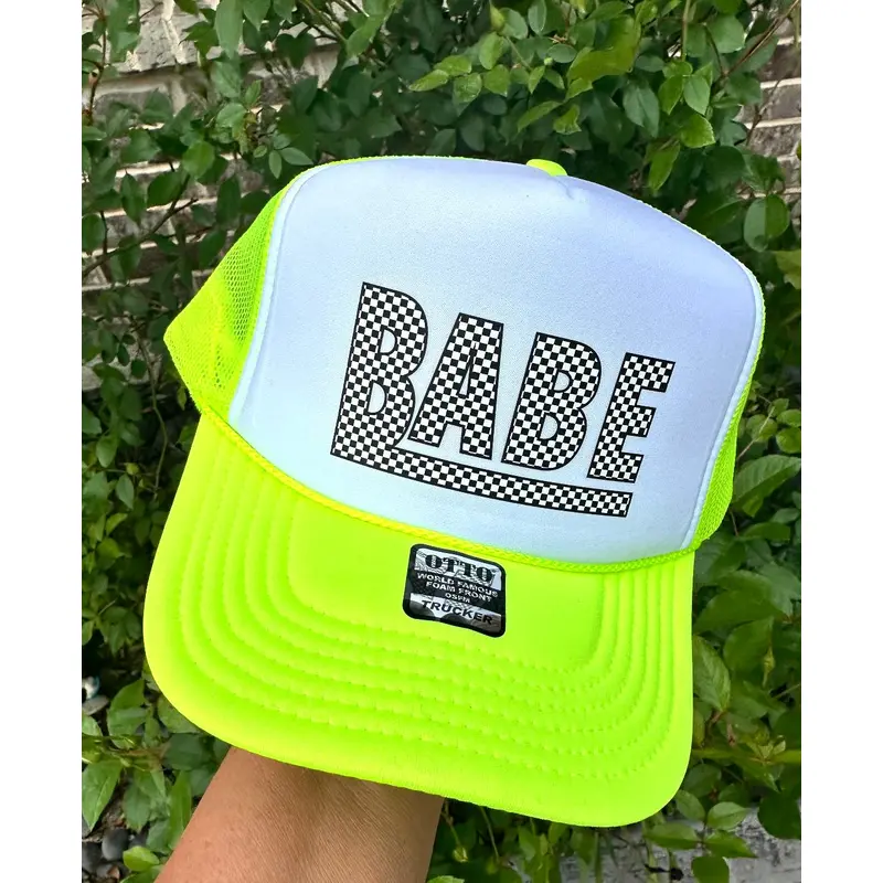 Checkered Babe DTF Printed Neon Yellow & White Trucker Hat