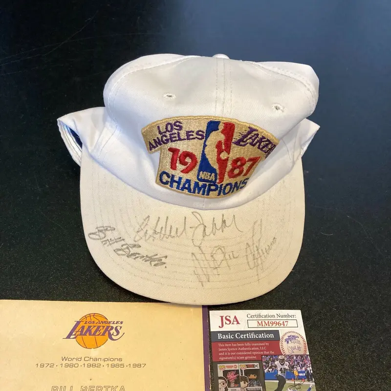 Magic Johnson Kareem Abdul Jabbar Signed 1987 Los Angeles Lakers Champs Cap JSA