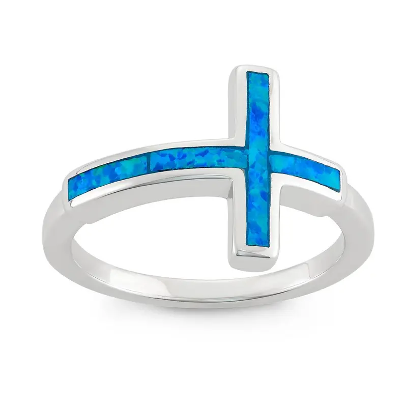 Sterling Silver Blue Inlay Opal Cross Ring