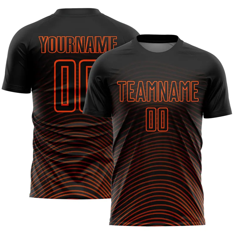 Custom Black Orange Gradient Geometric Lines Sublimation Soccer Uniform Jersey