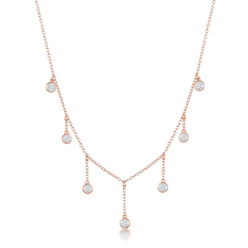 Sterling Silver Dangling Bezel-Set CZ's Necklace - Rose Gold Plated