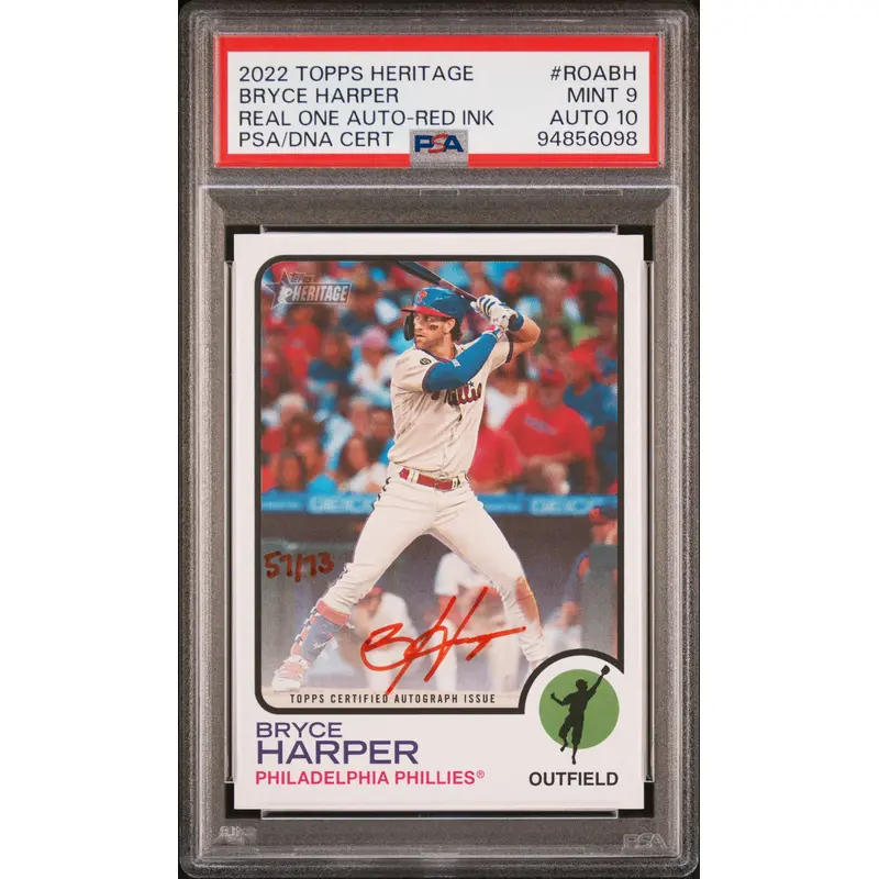 Bryce Harper 2022 Topps Heritage Real One Red Ink #57/73 PSA 9 Auto 10