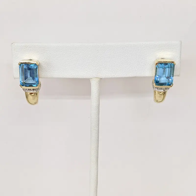 14K BLUE TOPAZ EMERALD CUT 7X9 WITH DIAMONDS ESTATE EARRINGS 5.4 GRAMS