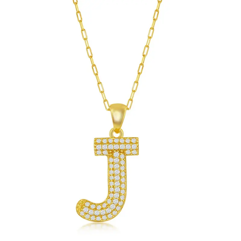 Sterling Silver Micro Pave CZ  'J'  Block Initial w/ Paperclip Chain - Gold Plated