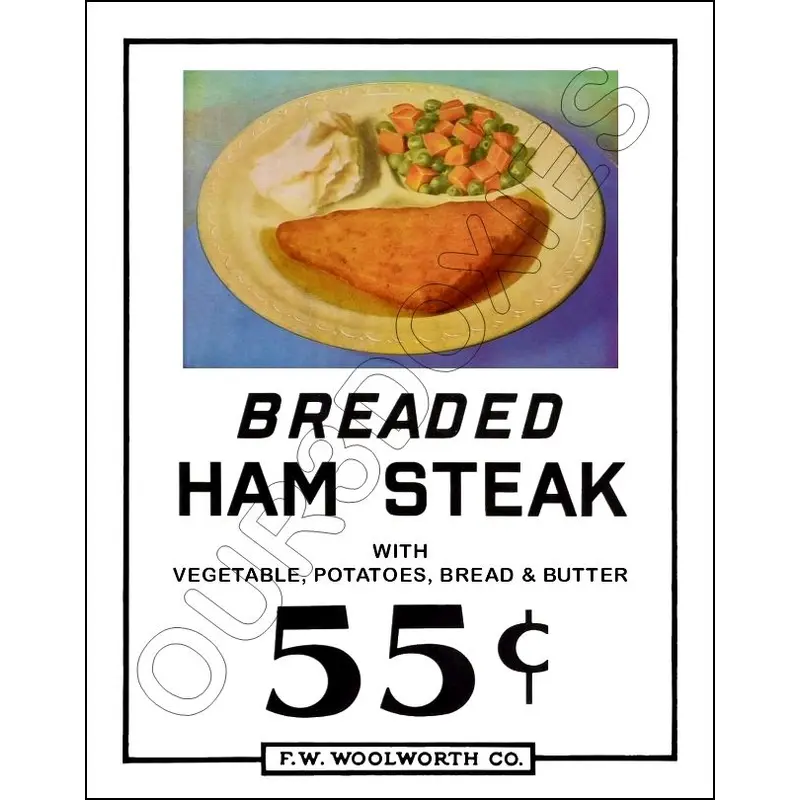 FW Woolworth Diner Store Counter Standup Sign - Breaded Ham Steak - 2384