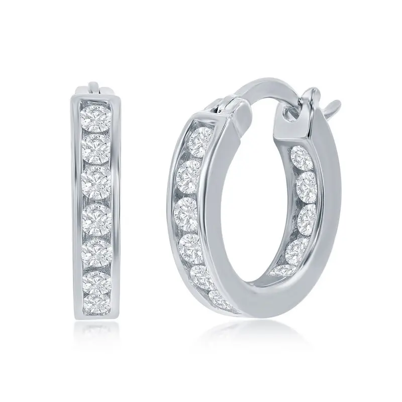 Sterling Silver Inside-Outside Channel Set CZ Hoop Earrings - 15mm