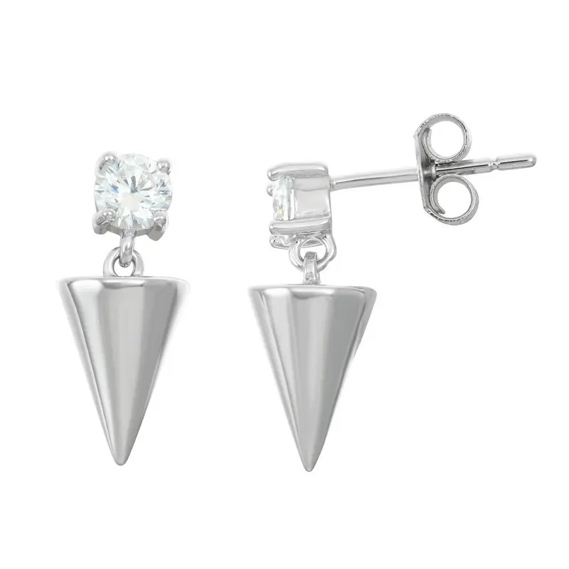 Sterling Silver Round CZ with Shiny Triangle Earrings