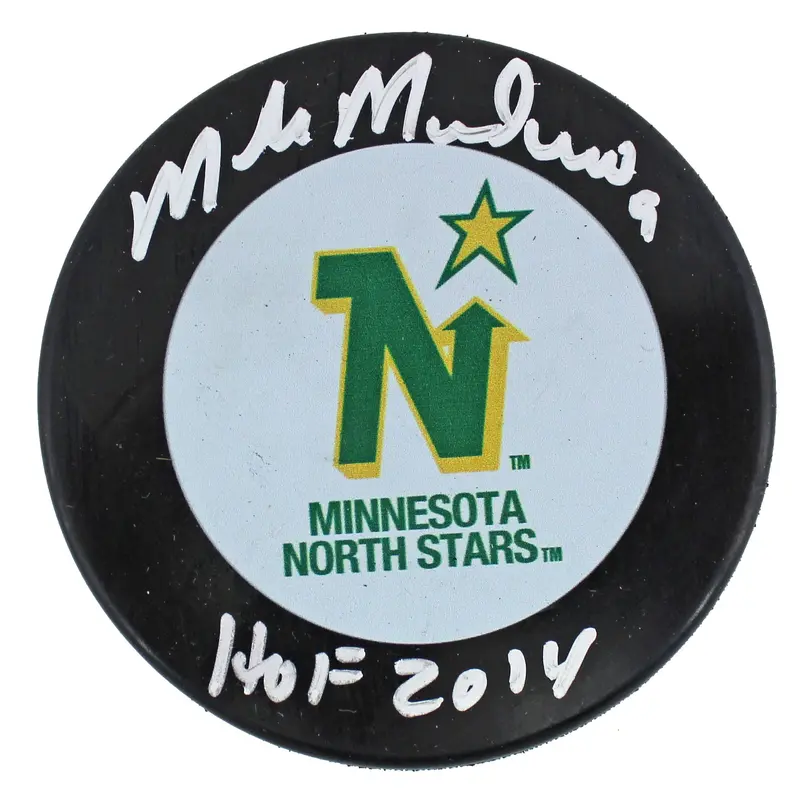North Stars Mike Modano "HOF 2014" Authentic Signed Logo Hockey Puck BAS Witness
