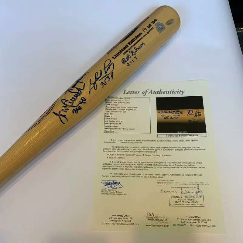 Beautiful 3,000 Strikeout Club Multi Signed Bat Nolan Ryan Tom Seaver #19/34 JSA